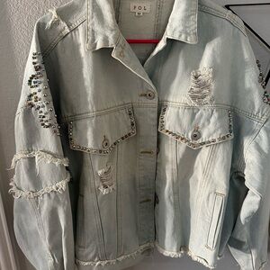 POL Light Blue Distressed Jean Jacket with Beads